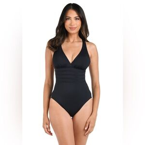 NWT La Blanca Island Goddess Multi-Strap Cross-Back One Piece - Black Size 14